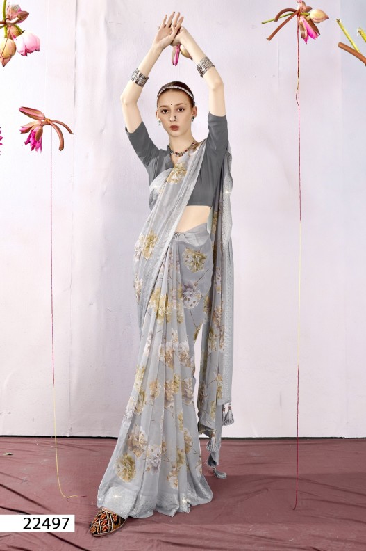 Fancy Georgette Printed Saree With blouse and swaroski stone work border